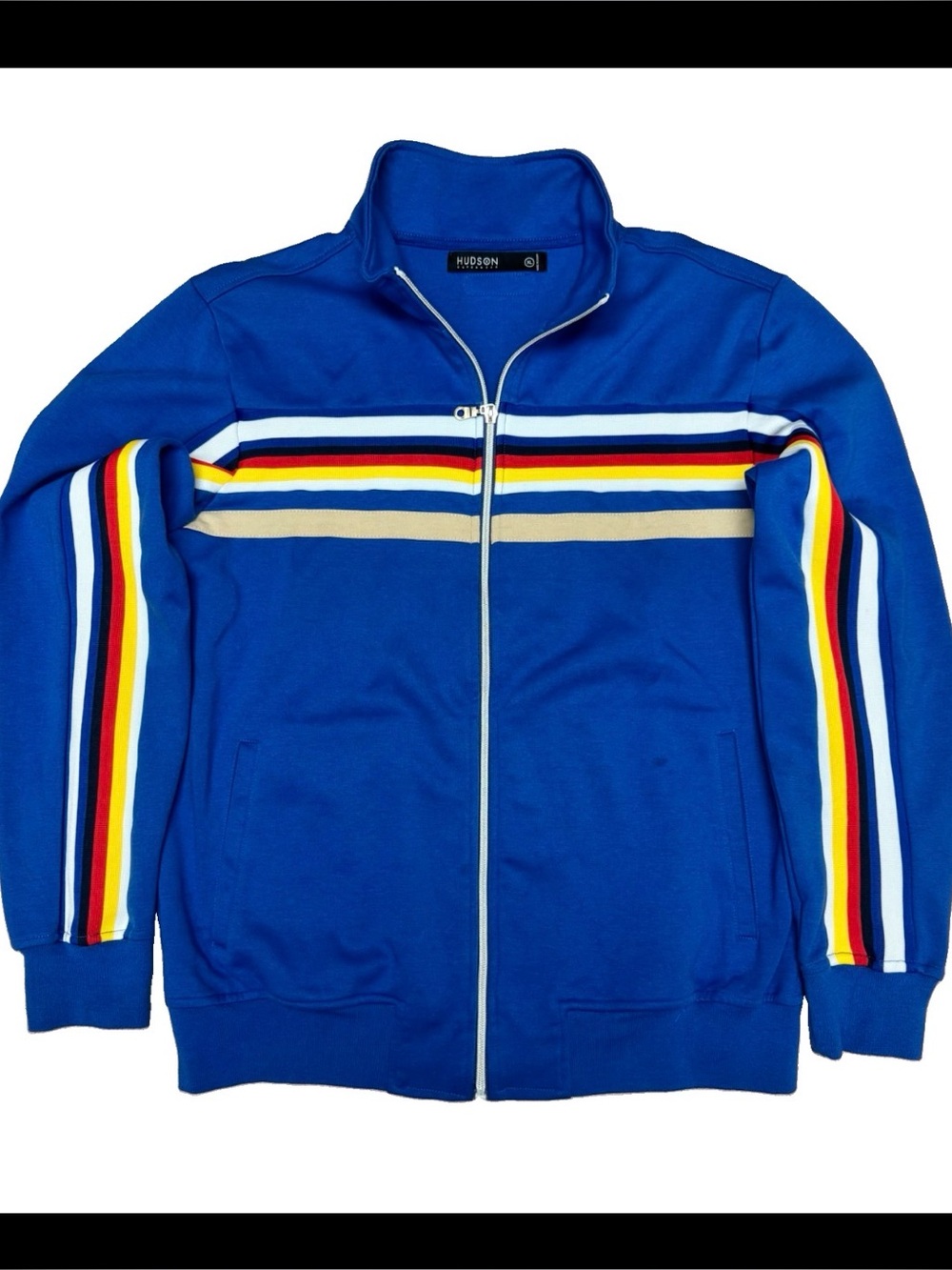 Hudson Outerwear retro Men’s Blue Zip-Front Track Sweater Multicolor Stripes
